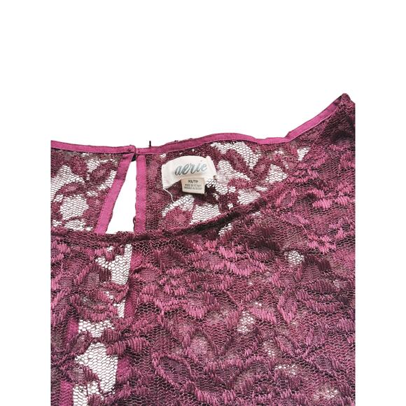 Aerie Maroon Floral Lace Sheer Dolman Short Sleeve Top XS Vintage Y2K Whimsigoth - Picture 4 of 7